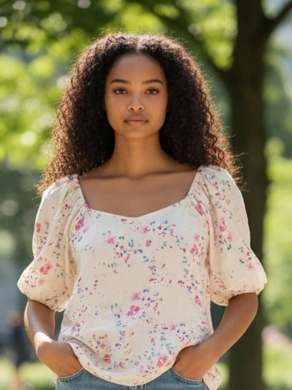 ❗️NWOT Vero Moda Cream Floral Puff-Sleeve Square-Neck Top